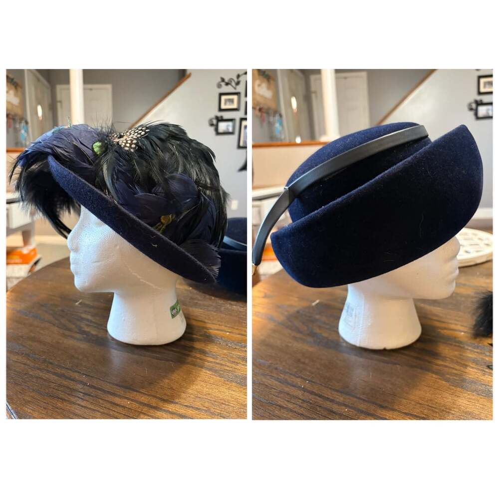 Vintage Women’s Hat Lot of 2 Navy Feathered CHANDA Millinery Project Repair